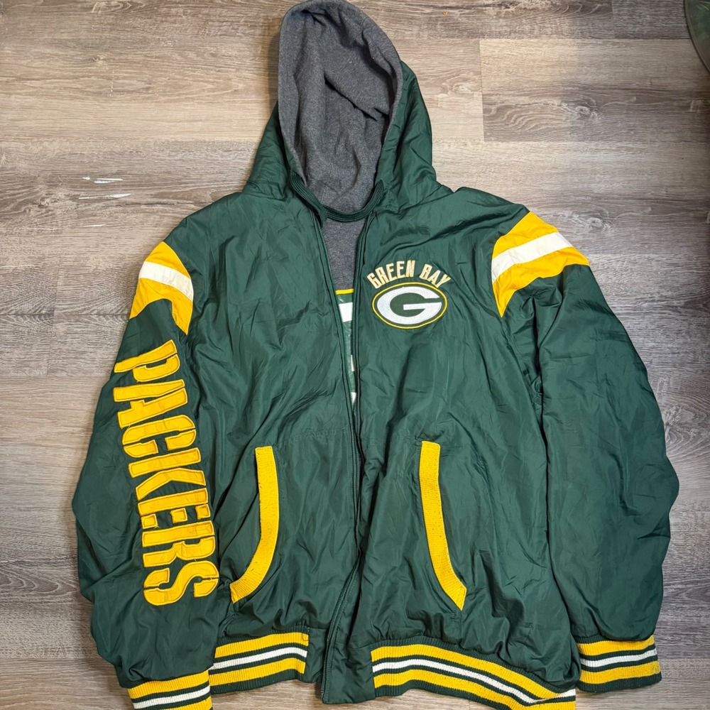 NFL Green Bay Packers Reversible Full Zip Hooded Jacket Green Grey Mens XL